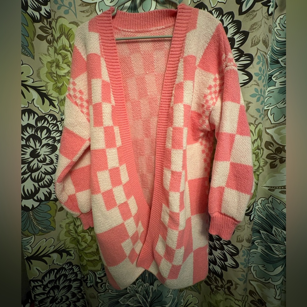 Pink Checkered Women's Sweater cardigan